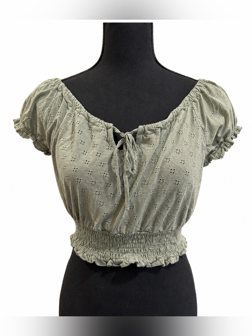 OLIVE GREEN EYELET SHORT SLEEVE TOP